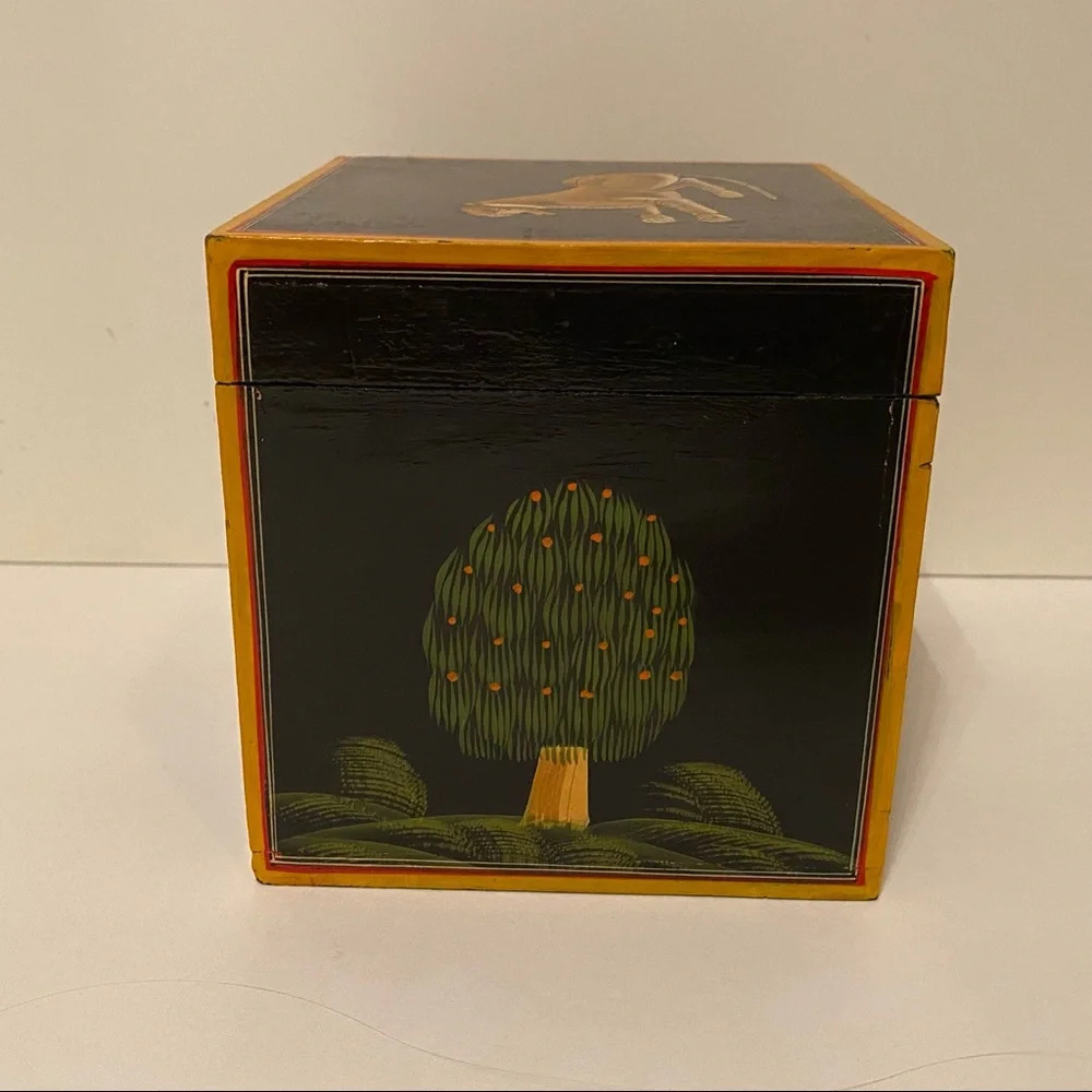 INDIA BOX HANDMADE BLACK PAINTED HINGED CLASP GOLD TIGER GREEN TREE HOME STORAGE